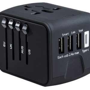 Fedec Universele Wereldstekker met 3 USB-poorten en 1 USB-C poort - Voor 150+ Landen - Zwart